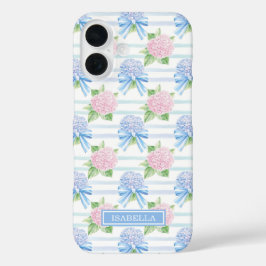 Roze en Blauwe Hortensia Gestreepte iPhone 16 Hoesje