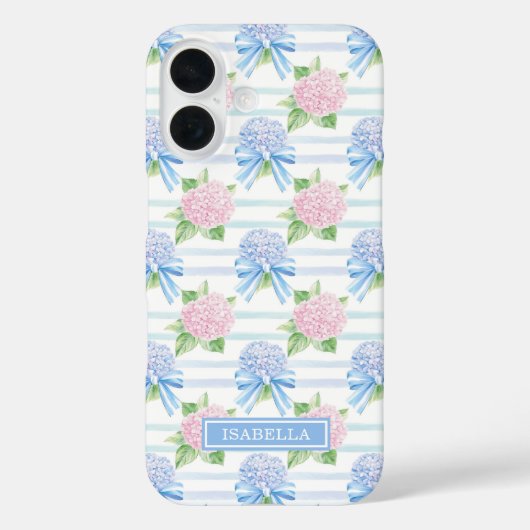 Roze en Blauwe Hortensia Gestreepte Case-Mate iPhone Case (Achterkant)