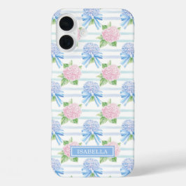 Roze en Blauwe Hortensia Gestreepte iPhone 16 Plus Hoesje
