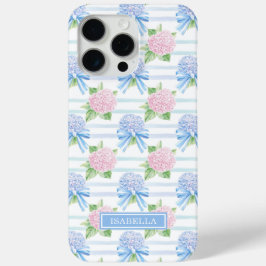 Roze en Blauwe Hortensia Gestreepte iPhone 15 Pro Max Hoesje