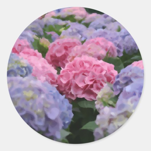 Roze en Blauwe Hydrangea Bloemenveld Schilderij Ronde Sticker (Voorkant)