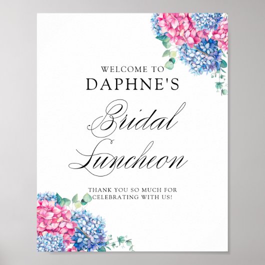 Roze en blauwe hydrangeas Bridal Luncheon Welkom Poster (Voorkant)