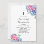 Roze en blauwe hydrangeas Eerste Heilige Communie Kaart (Voorkant)