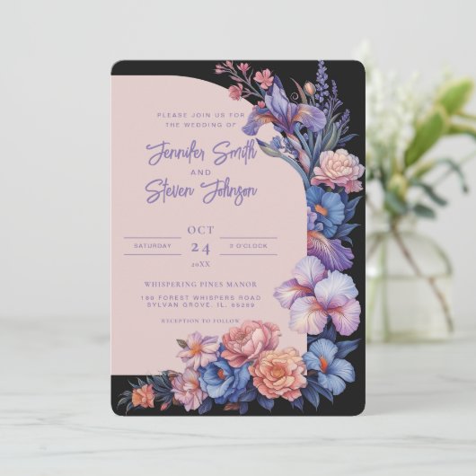 Roze en Blauwe Iris Botanische Boog Bruiloft Kaart (Staand voorkant)