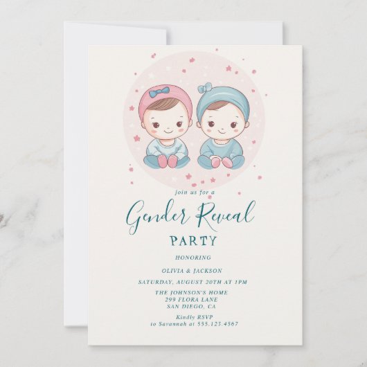 Roze en blauwe jongen of meisje gender reveal part kaart (Voorkant)