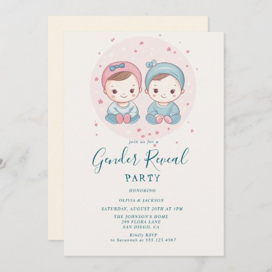 Roze en blauwe jongen of meisje gender reveal part kaart (Voorkant / Achterkant)