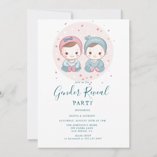 Roze en blauwe jongen of meisje gender reveal part kaart (Voorkant)