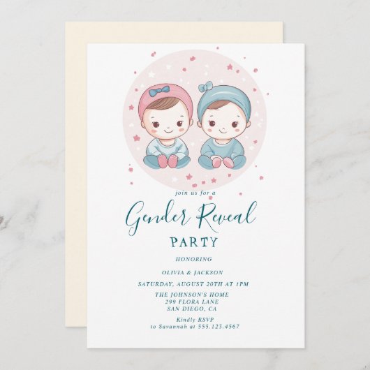Roze en blauwe jongen of meisje gender reveal part kaart (Voorkant / Achterkant)