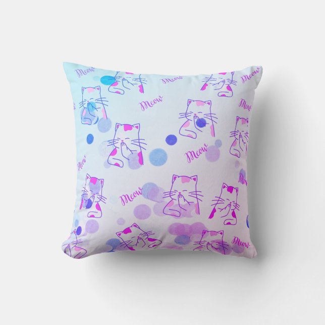 Roze en blauwe Kat Sierkussen (Voorkant)
