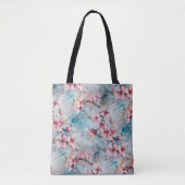 Roze en blauwe kersenbloesem patroon tote bag (Voorkant)