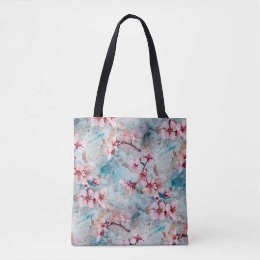 Roze en blauwe kersenbloesem patroon tote bag (Voorkant)