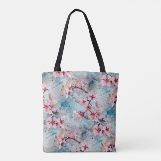 Roze en blauwe kersenbloesem patroon tote bag (Achterkant)