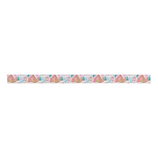 Roze en Blauwe Kerstmis Gingerbread Town Grosgrain Lint (Voorkant)
