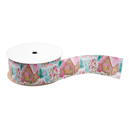 Roze en Blauwe Kerstmis Gingerbread Town Grosgrain Lint (Spoel)