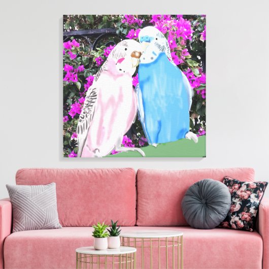 Roze en blauwe kissende boedgies en Bougainvillea Canvas Afdruk (Insitu (Woonkamer))