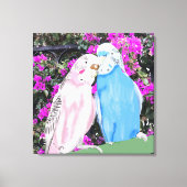 Roze en blauwe kissende boedgies en Bougainvillea Canvas Afdruk (Voorkant)