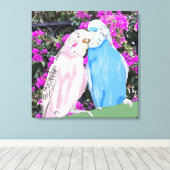 Roze en blauwe kissende boedgies en Bougainvillea Canvas Afdruk (Insitu (Houten vloer))