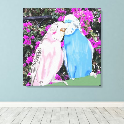 Roze en blauwe kissende boedgies en Bougainvillea Canvas Afdruk (Insitu (Houten vloer))