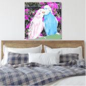 Roze en blauwe kissende boedgies en Bougainvillea Canvas Afdruk (Insitu (Slaapkamer))