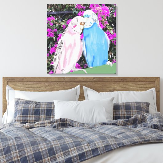 Roze en blauwe kissende boedgies en Bougainvillea Canvas Afdruk (Insitu (Slaapkamer))