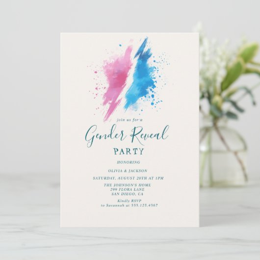 Roze en Blauwe Kleur Gender Reveal Party Kaart (Staand voorkant)