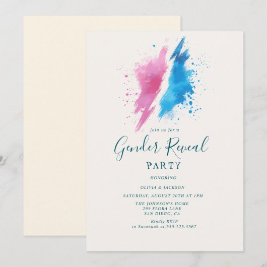 Roze en Blauwe Kleur Gender Reveal Party Kaart (Voorkant / Achterkant)