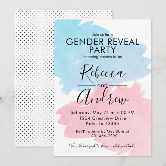 Roze en blauwe kleurenplasma Baby shower onthullen Kaart (Voorkant / Achterkant)