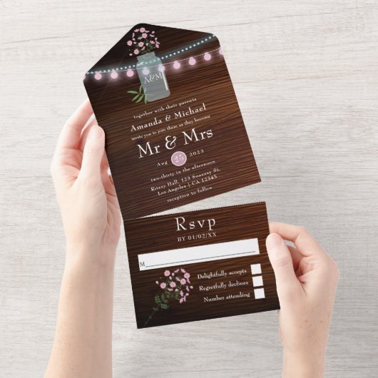 Roze en blauwe kosmos Rustic Barn Country Weddensc All In One Uitnodiging (Afscheurbaar)