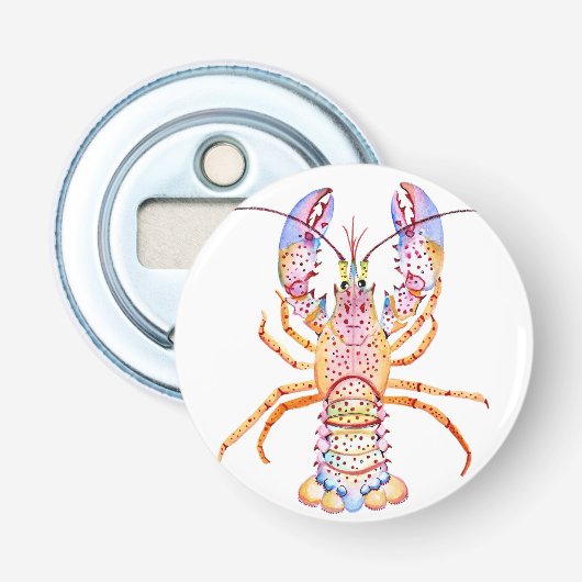 Roze en Blauwe Kreeft Button Flesopener (Voorkant)