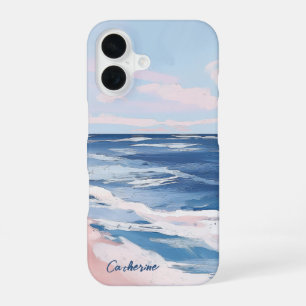 Roze en Blauwe Kust Strand Gouache Art iPhone 16 Hoesje
