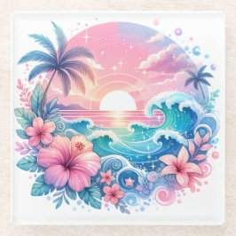  Roze en Blauwe Kustkunst Glazen Onderzetter