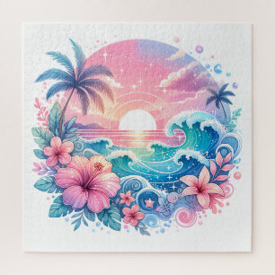  Roze en Blauwe Kustkunst Legpuzzel