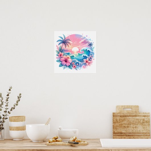  Roze en Blauwe Kustkunst Poster (Keuken)