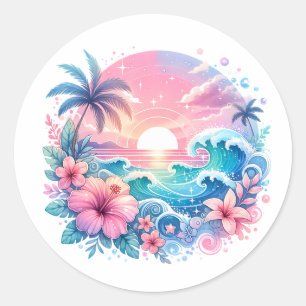  Roze en Blauwe Kustkunst Ronde Sticker