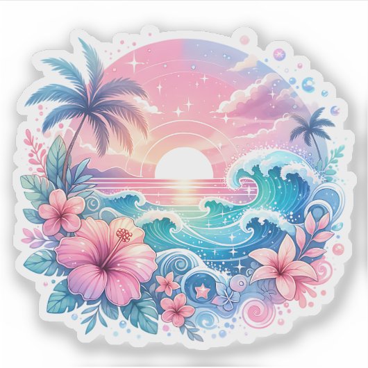  Roze en Blauwe Kustkunst Sticker (Voorkant)