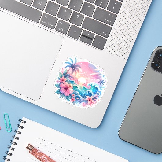  Roze en Blauwe Kustkunst Sticker (Laptop met iPhone)