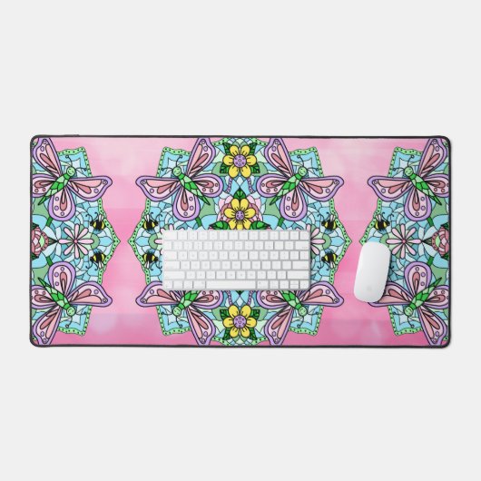 Roze en blauwe libellen en bloemen mandala bureaumat (Keyboard & Muis)