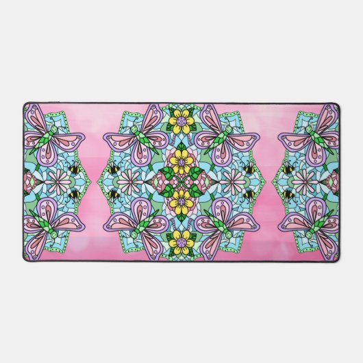 Roze en blauwe libellen en bloemen mandala bureaumat (Voorkant)