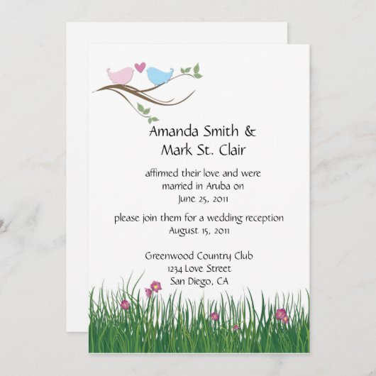 Roze en blauwe liefdesvogels bruiloftsreceptie all kaart (Voorkant / Achterkant)