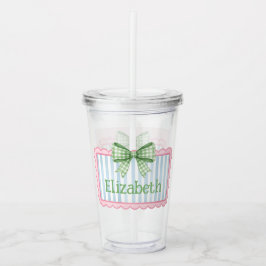 Roze en blauwe lijst met groene geruite strik acryl drinkbeker