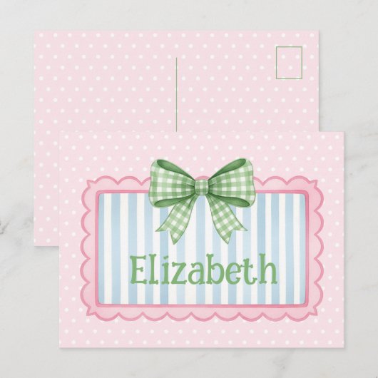 Roze en blauwe lijst met groene geruite strik briefkaart (Voorkant / Achterkant)