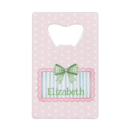 Roze en blauwe lijst met groene geruite strik creditkaart flessenopener