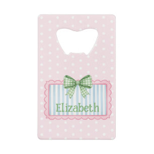 Roze en blauwe lijst met groene geruite strik creditkaart flessenopener