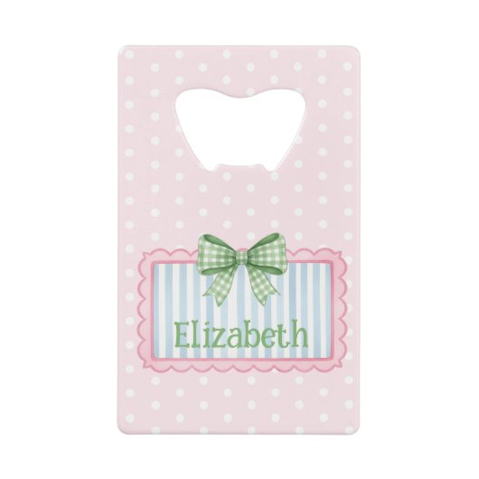 Roze en blauwe lijst met groene geruite strik creditkaart flessenopener (Voorkant)