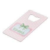 Roze en blauwe lijst met groene geruite strik creditkaart flessenopener (Voorkant Gekanteld)