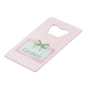 Roze en blauwe lijst met groene geruite strik creditkaart flessenopener (Achterkant Gekanteld)