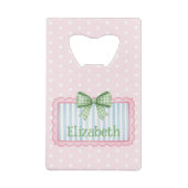 Roze en blauwe lijst met groene geruite strik creditkaart flessenopener (Achterkant)