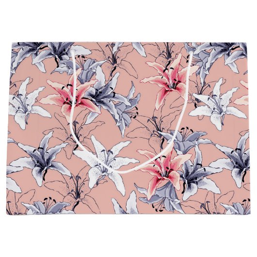 Roze en blauwe liliegpatroon groot cadeauzakje (Voorkant)