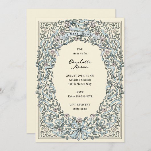 Roze en Blauwe linten en Rozen Baby shower Kaart (Voorkant / Achterkant)