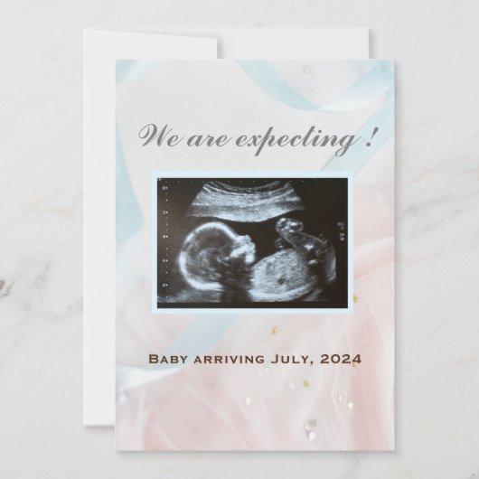 Roze en blauwe linten met ultrasone baby aankondiging (Voorkant)